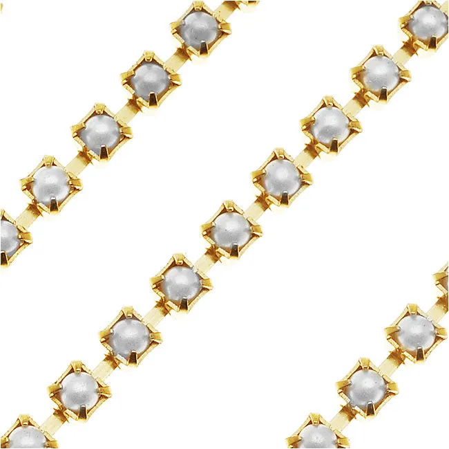 Czech Cup Chain, White Glass Pearl, Brass, 18PP, by the Foot