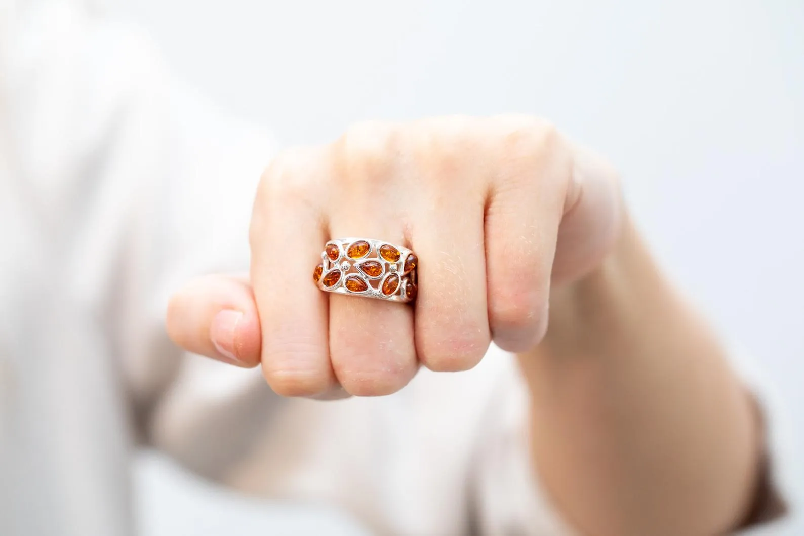 Floral Amber Cuff Ring | Bold & Elegant Statement Jewelry | Handcrafted Sterling Silver