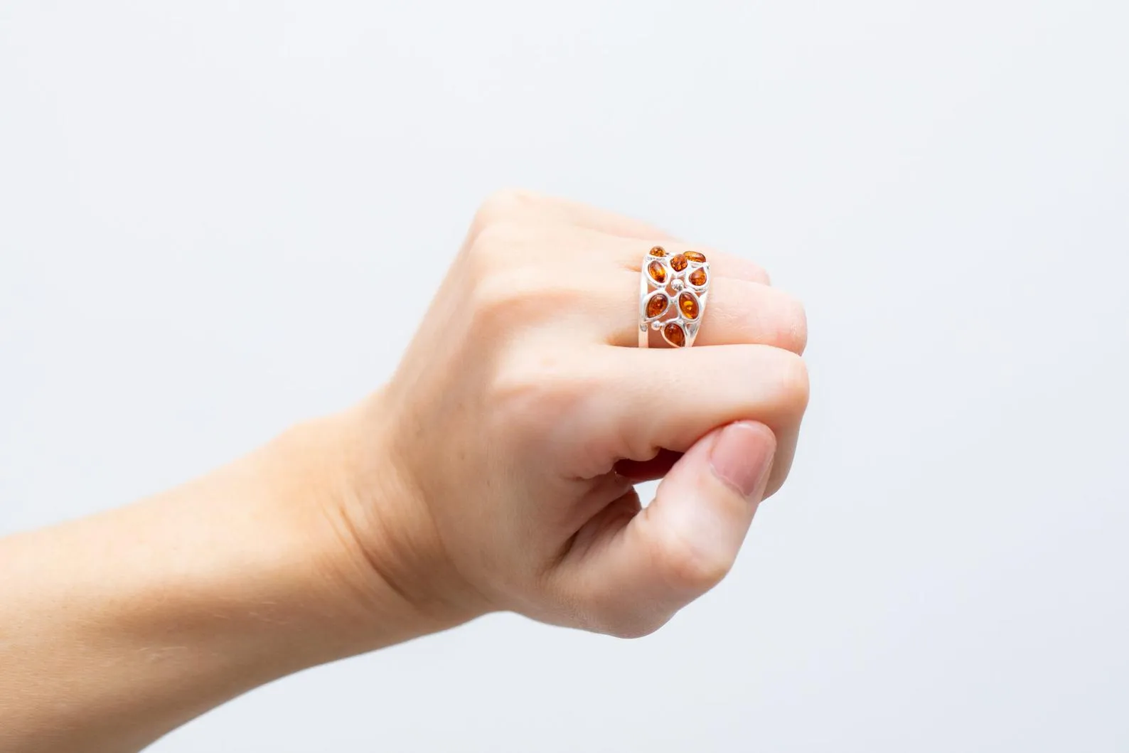 Floral Amber Cuff Ring | Bold & Elegant Statement Jewelry | Handcrafted Sterling Silver