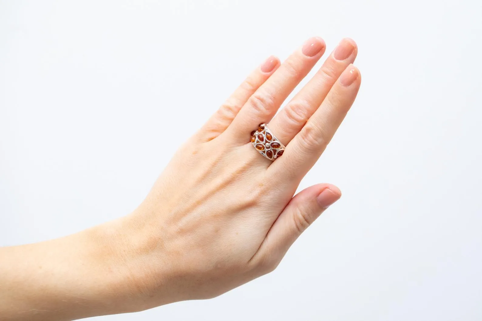 Floral Amber Cuff Ring | Bold & Elegant Statement Jewelry | Handcrafted Sterling Silver