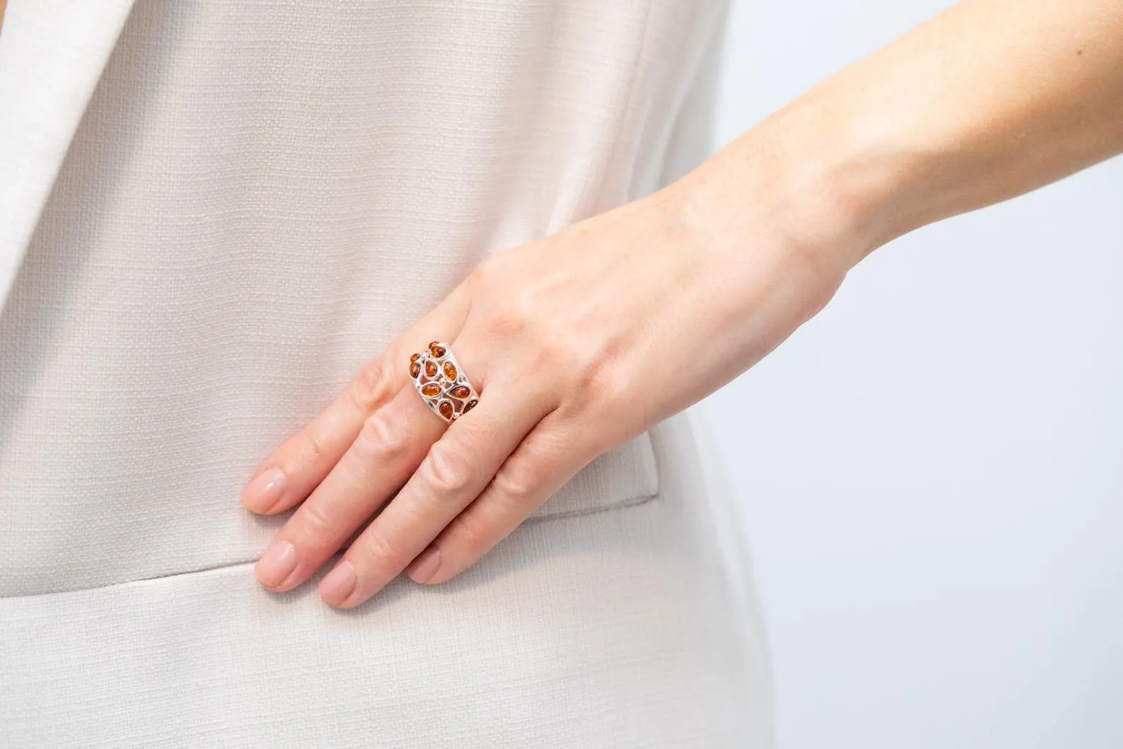 Floral Amber Cuff Ring | Bold & Elegant Statement Jewelry | Handcrafted Sterling Silver