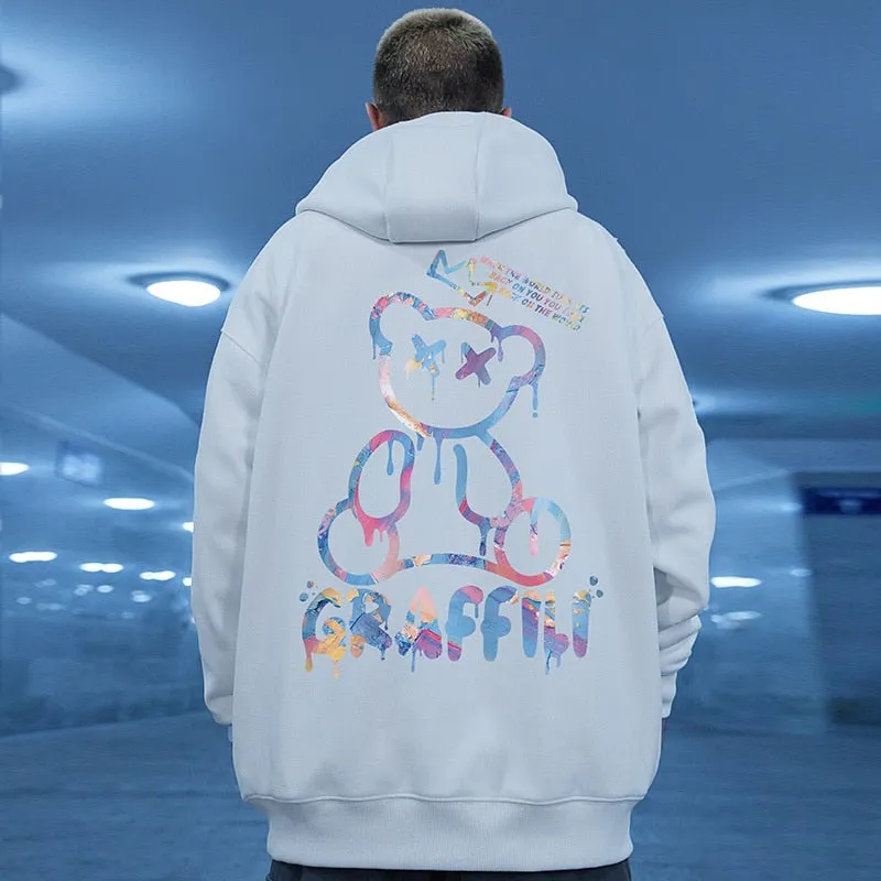 High Street Graffiti Bear Print Men's Fleece Hoodie Retro Autumn Casual Pullover Hooded Sweatshirts