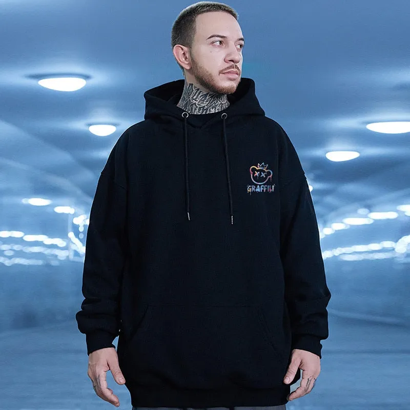 High Street Graffiti Bear Print Men's Fleece Hoodie Retro Autumn Casual Pullover Hooded Sweatshirts