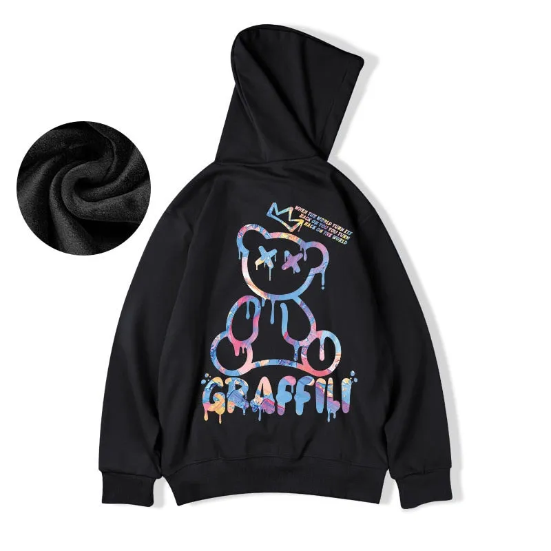 High Street Graffiti Bear Print Men's Fleece Hoodie Retro Autumn Casual Pullover Hooded Sweatshirts