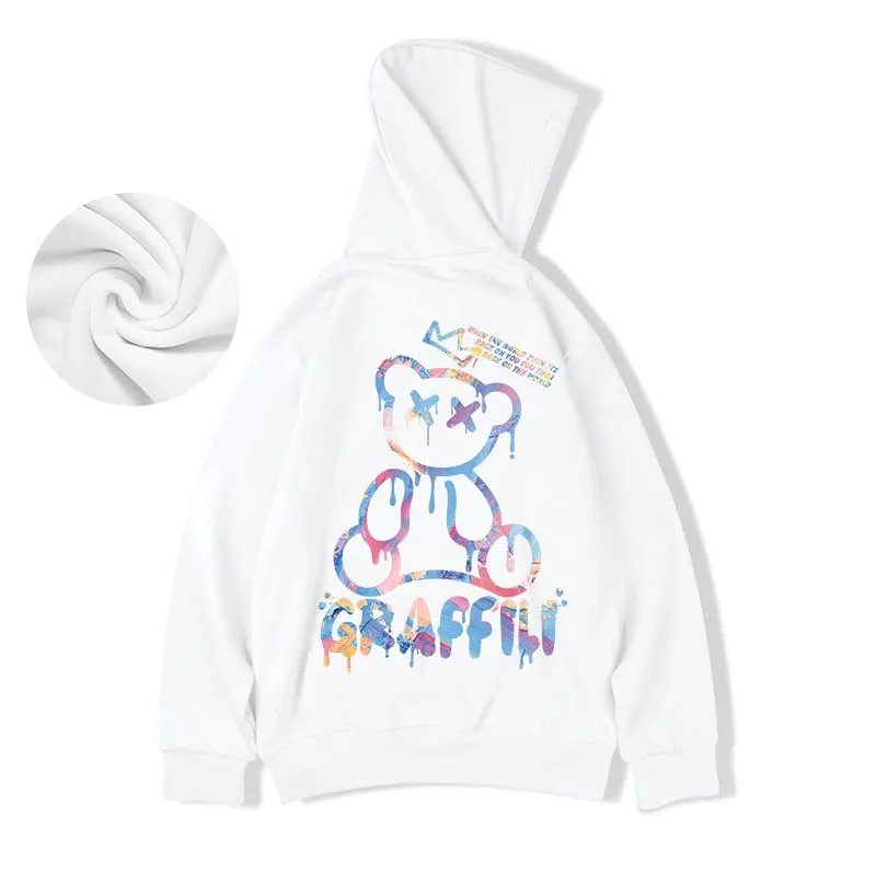 High Street Graffiti Bear Print Men's Fleece Hoodie Retro Autumn Casual Pullover Hooded Sweatshirts