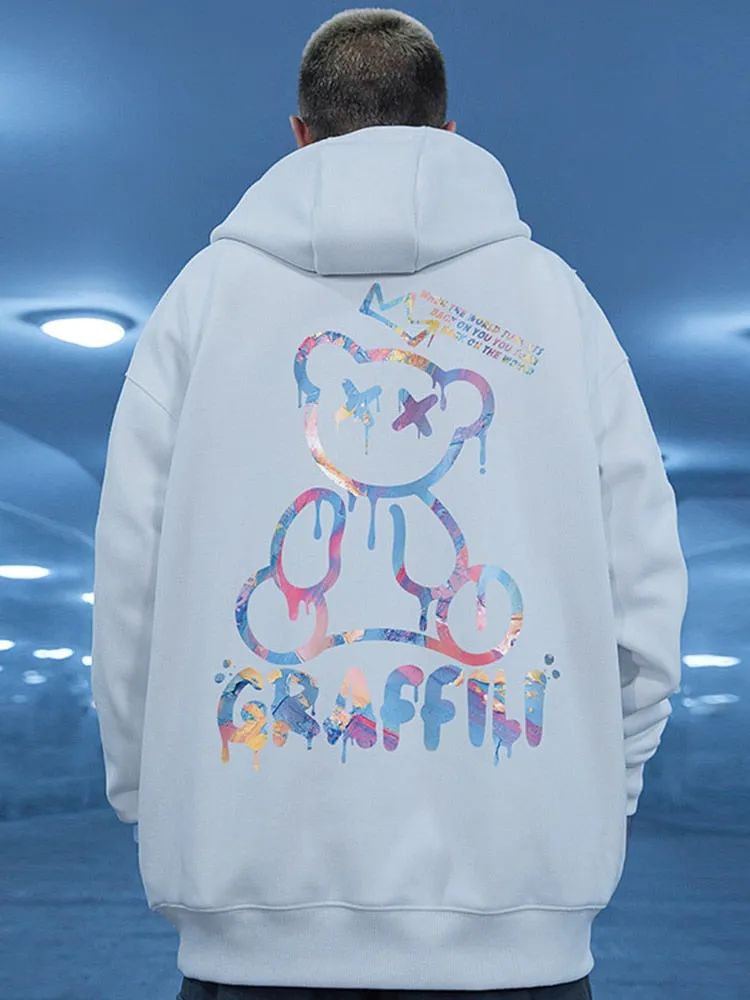High Street Graffiti Bear Print Men's Fleece Hoodie Retro Autumn Casual Pullover Hooded Sweatshirts