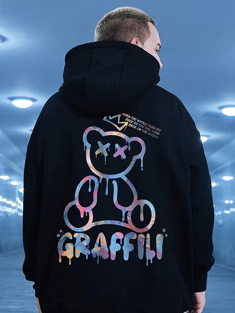 High Street Graffiti Bear Print Men's Fleece Hoodie Retro Autumn Casual Pullover Hooded Sweatshirts