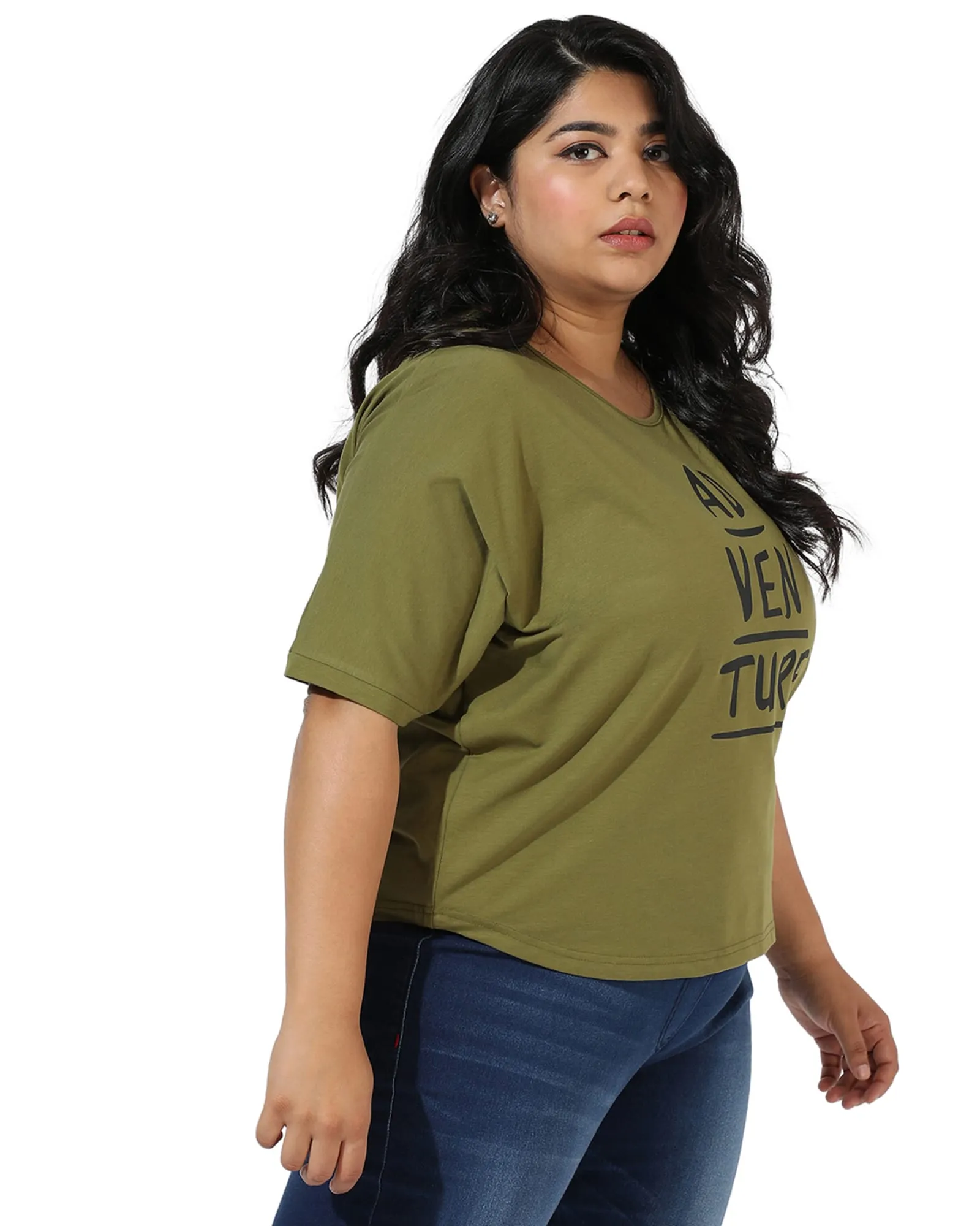 Olive Green "Adventure" Text Print Tee | Olive Green