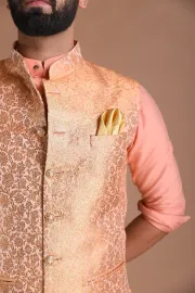 Traditional Floral Pattern Banarasi Brocade Nehru Jacket with Silk Kurta Pajama Set| Fee Personalisation |  Best for Sangeet Function | Family Function|