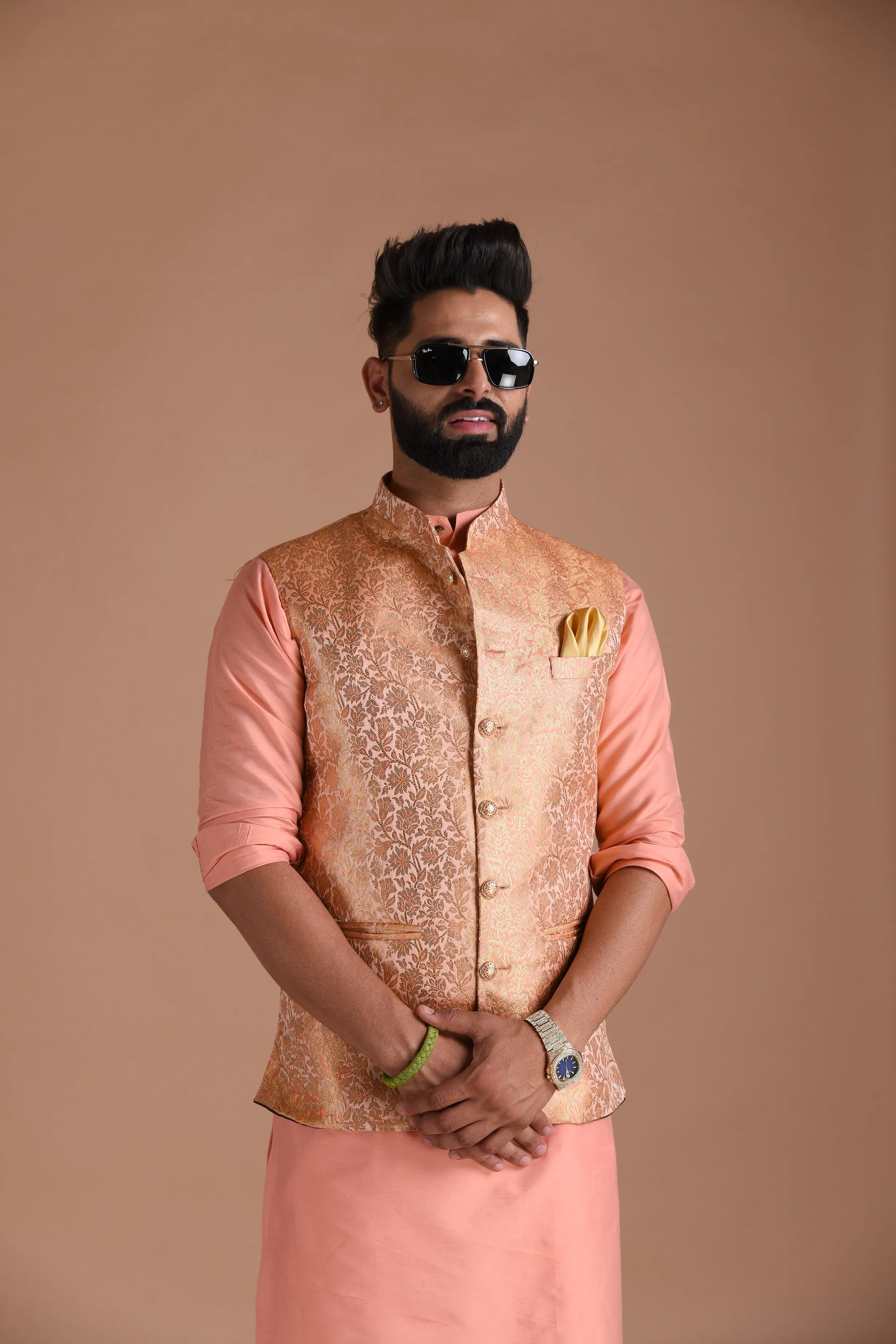 Traditional Floral Pattern Banarasi Brocade Nehru Jacket with Silk Kurta Pajama Set| Fee Personalisation |  Best for Sangeet Function | Family Function|