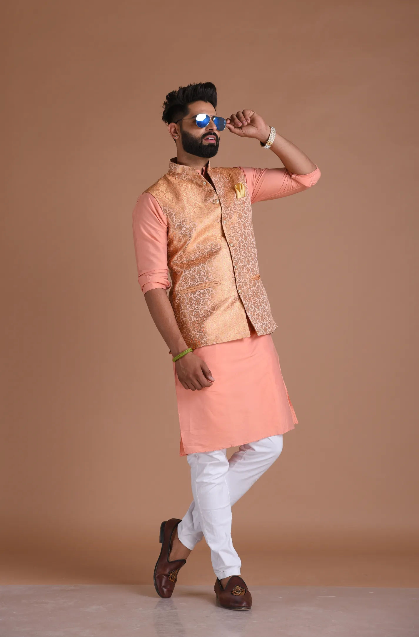 Traditional Floral Pattern Banarasi Brocade Nehru Jacket with Silk Kurta Pajama Set| Fee Personalisation |  Best for Sangeet Function | Family Function|